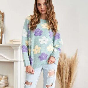 ADORA Full Size Floral Popped 2-Tone Sweater Top Plus Size‎